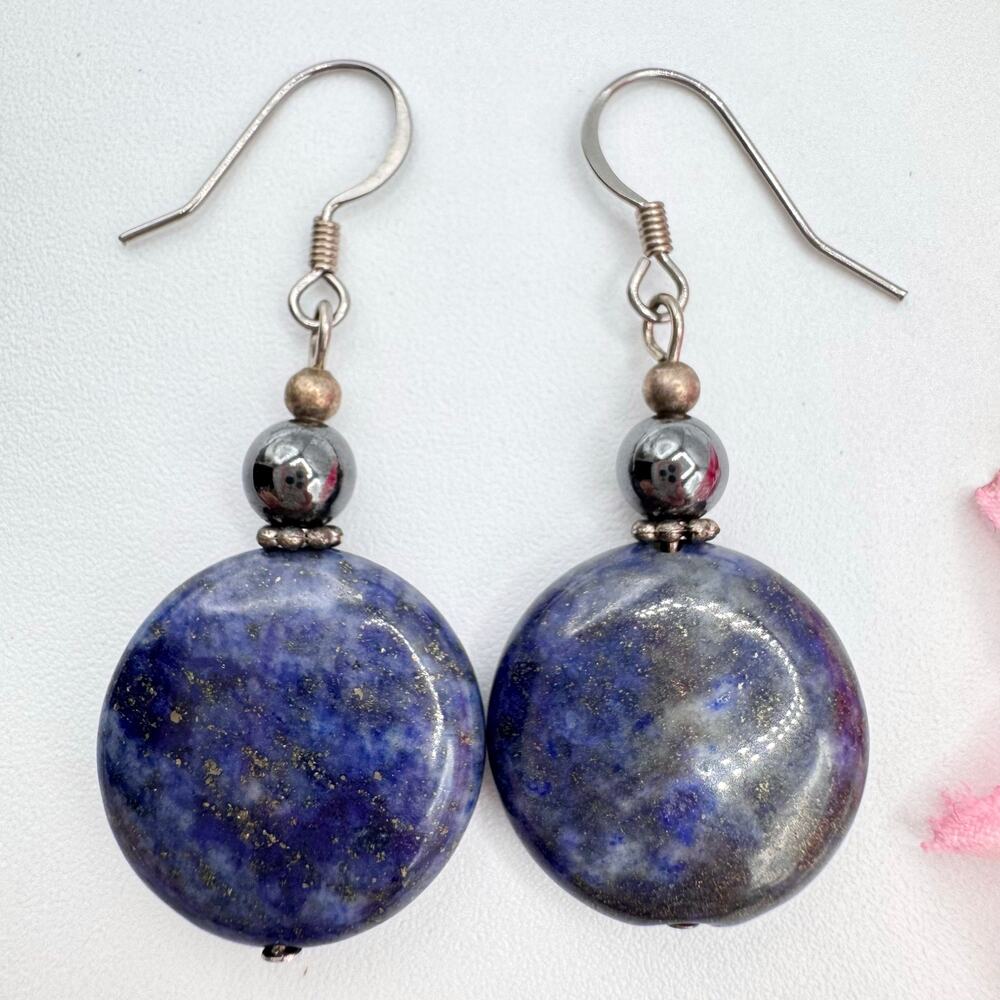 Blue Lapis Lazuli Circle Coin Bead Earrings Gemstone Boho Handmade Art Teacher